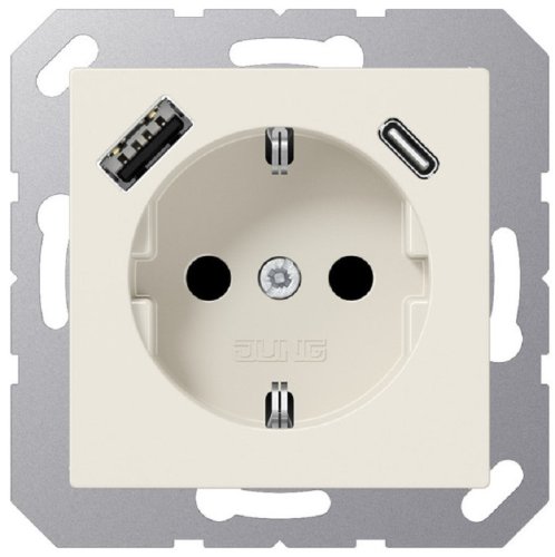 Розетка с заземлением +2хUSB тип A+C без рамки Jung EcoProfi 1-м. слоновая кость фото Розетка с заземлением +2хUSB тип A+C без рамки Jung EcoProfi 1-м. слоновая кость картинка